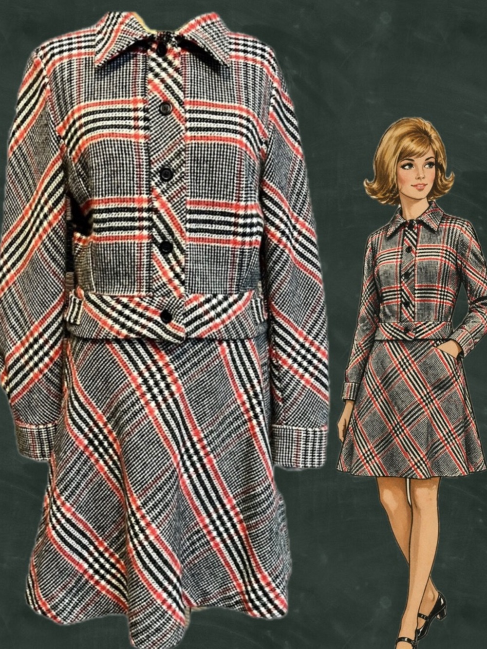 VINTAGE 60s dress suit Campus Collection skirt jacket‎ wool tartan plaid blazer